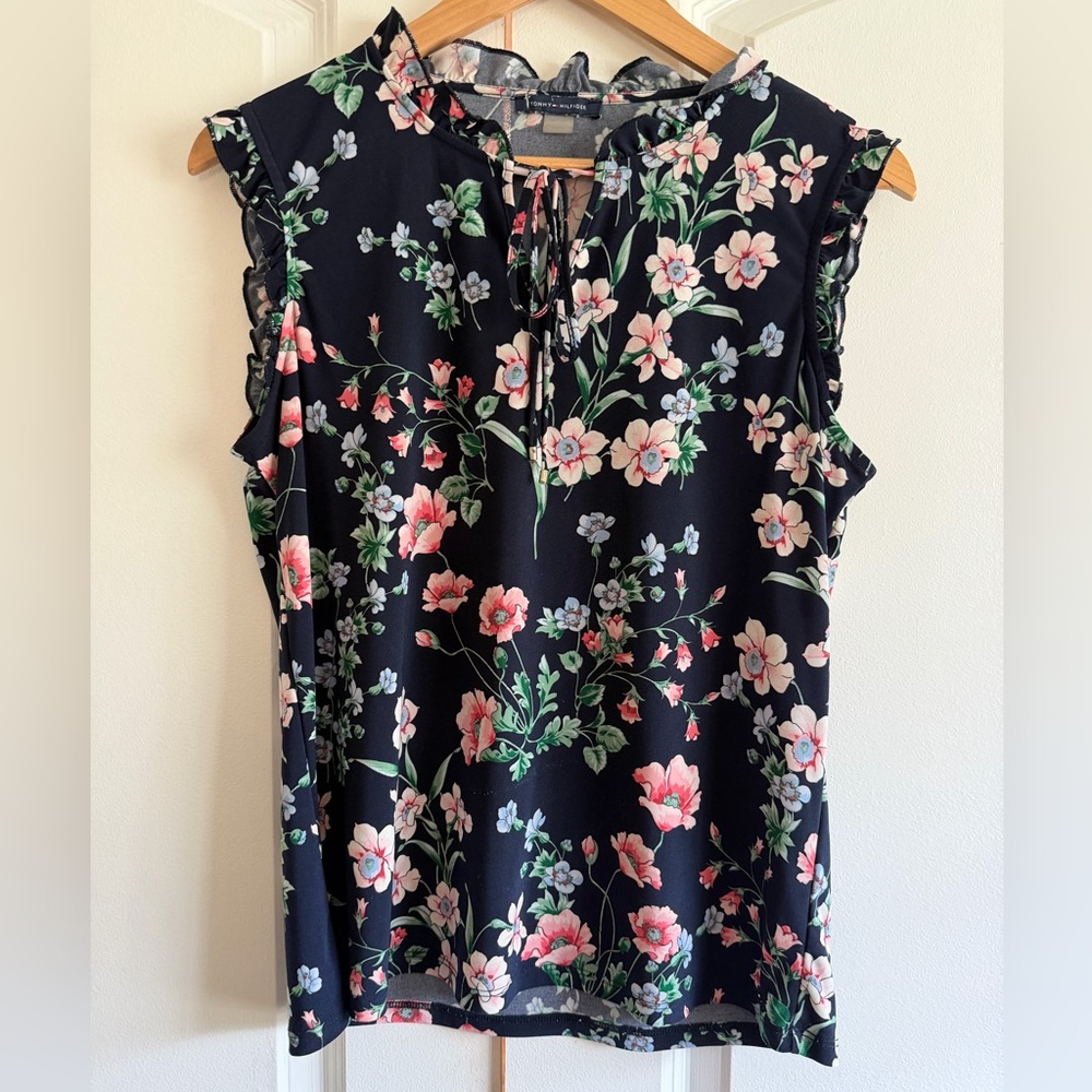 Tommy Hilfiger Floral Blouse - Navy with Pink and Green